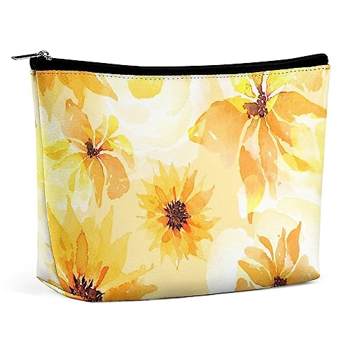 Make-up-Tasche mit Sonnenblumen-Aquarell-Gelb, Vintage-Blumenmuster, Reise-Make-up-Tasche, Make-up-Tasche aus PU-Leder, Kosmetiktasche für Geldbörse, tragbare Kulturtasche, Make-up-Taschen für den I von FWJZDSP