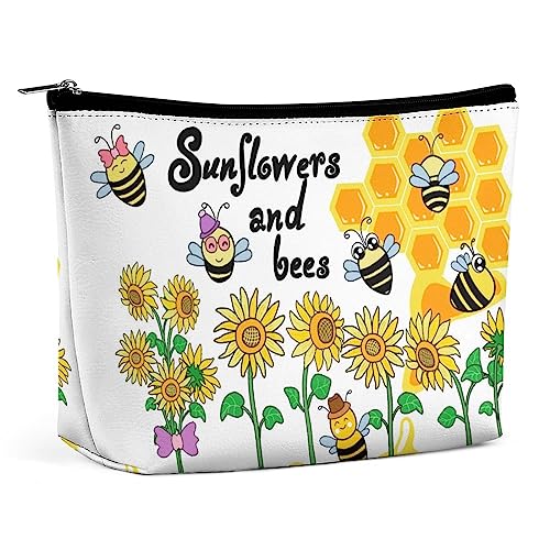 Make-up-Tasche mit Sonnenblumen-Bienen-Set, niedliche Cartoon-Reise-Make-up-Tasche, Make-up-Tasche aus PU-Leder, Kosmetiktasche für Geldbörse, tragbare Kulturtasche, Make-up-Taschen für den Innenber von FWJZDSP