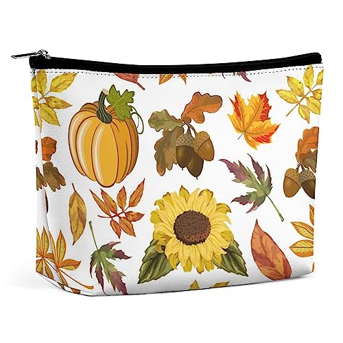 Make-up-Tasche mit Sonnenblumen-Eicheln und Kürbis-Motiv, Herbst-Blumen-Reise-Make-up-Tasche, Make-up-Tasche aus PU-Leder, Kosmetiktasche für Geldbörse, tragbare Kulturtasche, Make-up-Taschen für de von FWJZDSP