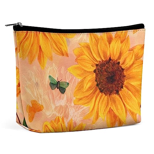 Make-up-Tasche mit Sonnenblumen-Motiv im Vintage-Stil, orangefarbenes Blumenmuster, Retro-Reise-Make-up-Tasche, Make-up-Tasche aus PU-Leder, Kosmetiktasche für Geldbörse, tragbare Kulturtasche, Make von FWJZDSP