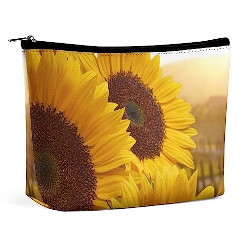 Make-up-Tasche mit Sonnenblumen-Sonnenuntergang, Sommerlandschaft, Reise-Make-up-Tasche, Make-up-Tasche aus PU-Leder, Kosmetiktasche für Geldbörse, tragbare Kulturtasche, Make-up-Taschen für den Inn von FWJZDSP