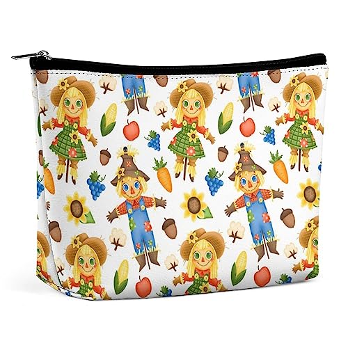 Make-up-Tasche mit Sonnenblumen-Vogelscheuchen-Motiv, Baumwolle, niedliche Herbst-Reise-Make-up-Tasche, Make-up-Tasche aus PU-Leder, Kosmetiktasche für Geldbörse, tragbare Kulturtasche, Make-up-Tasc von FWJZDSP