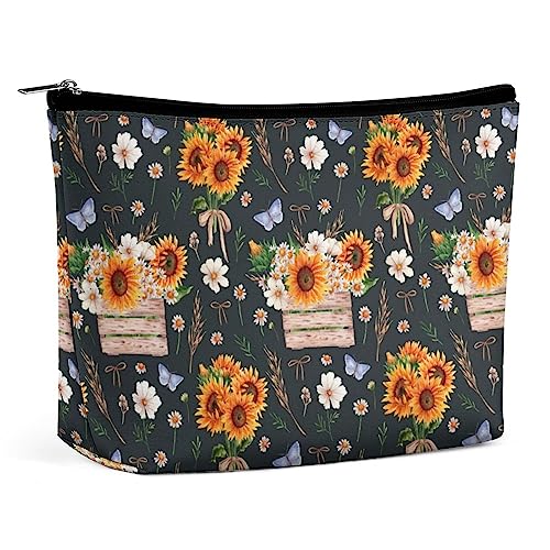 Make-up-Tasche mit Sonnenblumen- und Schmetterlingsmotiv, sonniges, rustikales Aquarell, Reise-Make-up-Tasche, Make-up-Tasche aus PU-Leder, Kosmetiktasche für Geldbörse, tragbare Kulturtasche, Make- von FWJZDSP