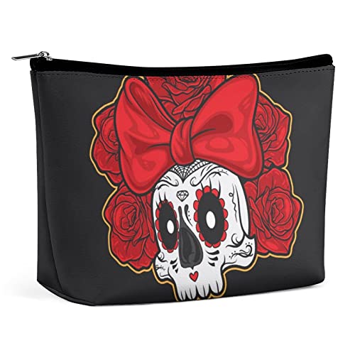 Make-up-Tasche mit Totenkopf-Motiv, PU-Leder, wasserdichte Kosmetiktasche für Geldbörse/Make-up-Tasche/Kulturbeutel, tragbare Reise-Make-up-Tasche im Muerte-Stil für Damen von FWJZDSP