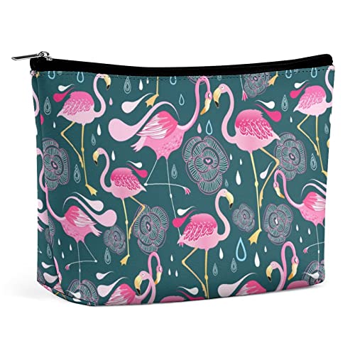 Make-up-Tasche mit leuchtenden Blumen und Flamingos, Sommer-Retro-Reise-Make-up-Tasche, Make-up-Tasche aus PU-Leder, Kosmetiktasche für Geldbörse, tragbare Kulturtasche, Make-up-Taschen für den Inne von FWJZDSP