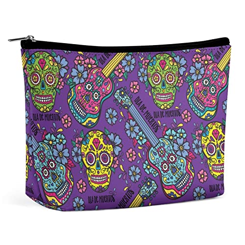 Make-up-Tasche mit mexikanischem Gitarrenschädel, Dia De Muertos-Blumen-Reise-Make-up-Tasche, Make-up-Tasche aus PU-Leder, Kosmetiktasche für Geldbörse, tragbare Kulturtasche, Make-up-Taschen für de von FWJZDSP