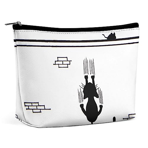 Make-up-Tasche mit schwarzer Katze, Kratzmaus, Cartoon-Wand, lustige Reise-Make-up-Tasche, PU-Leder-Make-up-Tasche, Kosmetiktasche für Geldbörse, tragbare Kulturtasche, Indoor-Make-up-Taschen für Fr von FWJZDSP