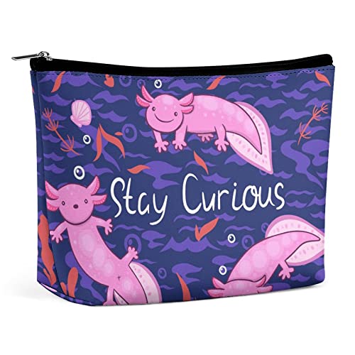 Niedliche Axolotls-Make-up-Tasche „Stay Curious-Reise-Make-up-Tasche, Make-up-Tasche aus PU-Leder, Kosmetiktasche für Geldbörse, tragbare Kulturtasche, Make-up-Taschen für den Innenbereich für Frau von FWJZDSP