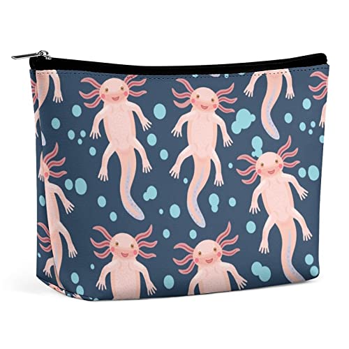 Pinke Axolotl-Make-up-Tasche, niedliche Cartoon-Reise-Make-up-Tasche, PU-Leder-Make-up-Tasche, Kosmetiktasche für Geldbörse, tragbare Kulturtasche, Indoor-Make-up-Taschen für Frauen von FWJZDSP