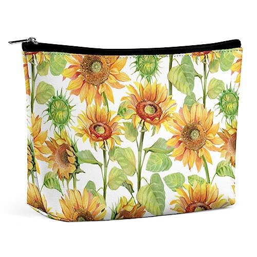 Sommer-Make-up-Tasche mit Sonnenblumen-Aquarell-Motiv, Leuchtend gelbes Blumenmuster, Reise-Make-up-Tasche, Make-up-Tasche aus PU-Leder, Kosmetiktasche für Geldbörse, tragbare Kulturtasche, Make-up- von FWJZDSP