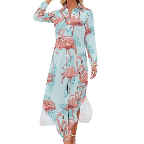 Sommer Rosa Flamingo Damen Hemdkleid Langarm Knopf Langes Maxikleid Lässige Bluse Swing Kleider von FWJZDSP