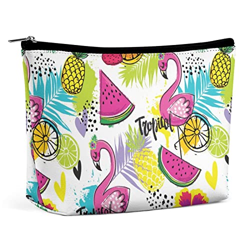 Tropics Flamingo-Früchte-Make-up-Tasche, Sommer-Blumenblätter, Reise-Make-up-Tasche, Make-up-Tasche aus PU-Leder, Kosmetiktasche für Geldbörse, tragbare Kulturtasche, Make-up-Taschen für den Innenbe von FWJZDSP