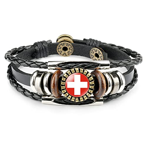 FWSHANGMAO Armband Herren,Schweizer Flagge Zeitstein Armband Geschichtetes Geflochtenes Leder Armband Fußballliebhaber Flaggenmuster Armband Wm-Schmuck Charme Schmuck Für Frauen Männer Geschenk von FWSHANGMAO