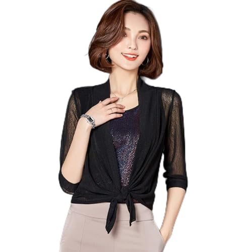 FWSHANGMAO Boleros Für Damen,Damen Bolero Shrug Halbe Ärmel Cardigan Stylische Durchsichtige Mesh Bluse Jacke Front Krawatte Sommer Cardigan Open Front Festival Jacke Office Beach Cover Ups Für Kl von FWSHANGMAO