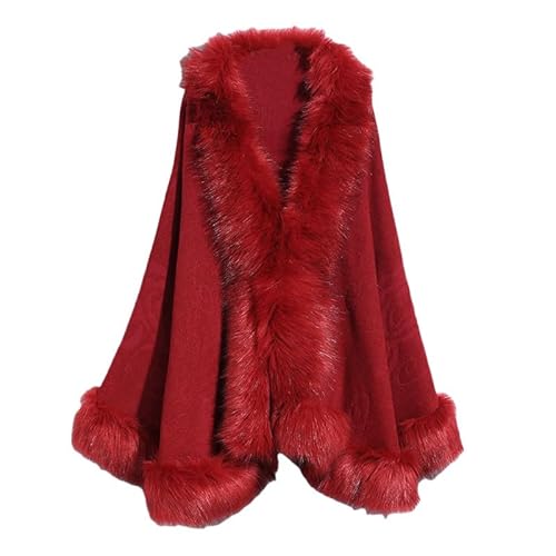 FWSHANGMAO Damen Kunstpelz Cape Wickel Bolero Winter Warm Stola Schal Modisch Elegant Gestrickt Offene Vorderseite Cardigan Poncho für Herbst Winter Hochzeit Braut Brautjungfern Dunkelrot von FWSHANGMAO