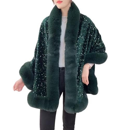 FWSHANGMAO Damen Winter Kunstpelz Cape Poncho Pailletten Bolero Shrug Glänzend Abend Party Jacke Offene Vorderseite Cardigan Jacke Schals und Wickel für Abendkleider Dunkelgrün von FWSHANGMAO