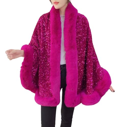 FWSHANGMAO Damen Winter Kunstpelz Cape Poncho Pailletten Bolero Shrug Glänzend Abend Party Jacke Offene Vorderseite Cardigan Jacke Schals und Wickel für Abendkleider Rosarot von FWSHANGMAO