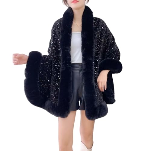 FWSHANGMAO Damen Winter Kunstpelz Cape Poncho Pailletten Bolero Shrug Glänzend Abend Party Jacke Offene Vorderseite Cardigan Jacke Schals und Wickel für Abendkleider Schwarz von FWSHANGMAO