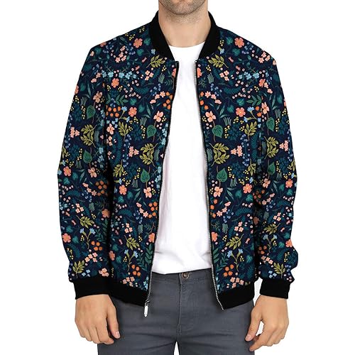 FWSHANGMAO Geblümte Bomberjacke für Herren leichte Jacke mit gebrochenem Blumenmuster Varsity Rib Knit Bomberjacke winddichte Sommerjacke mit Reißverschluss, Übergangsjacke M-3XL L von FWSHANGMAO