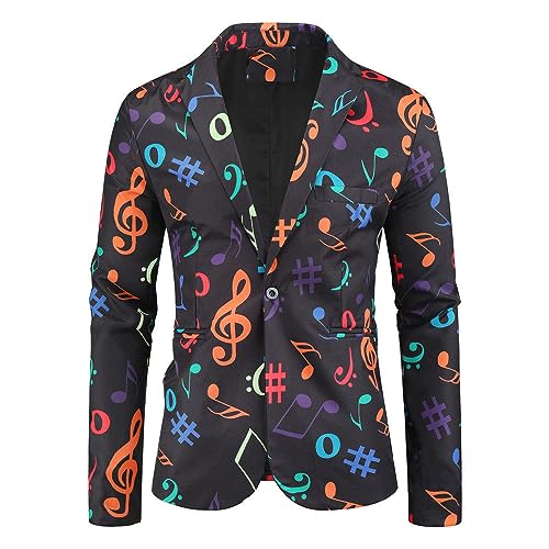 FWSHANGMAO Herren Blumen Smoking Jacke,Charm Musik Symbole Drucken Anzug Mantel Lockere Passform Sportjacken Geeignet für Party Date Abschlussball Hochzeit Smart Blazer,L von FWSHANGMAO