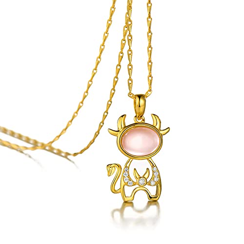 FWSHANGMAO Kette Damen Silber 925,S925 Silber Halskette Niedliche Stier Anhänger Halskette Goldener Sternzeichen Zirkon Halskette Rosa Geburtsstein Halskette Geschenkschmuck Für Mama Jungen Mädchen von FWSHANGMAO