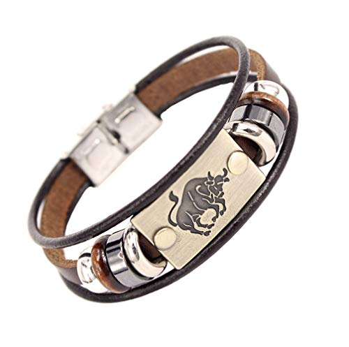 FWSHANGMAO Leder Armband Sternzeichen Armband Stier Armband Schlichtes Armband Schwarz Geflochtenes Lederarmband Büroklammer Schnalle Charm Schmuck Für Damen Herren Geschenk von FWSHANGMAO