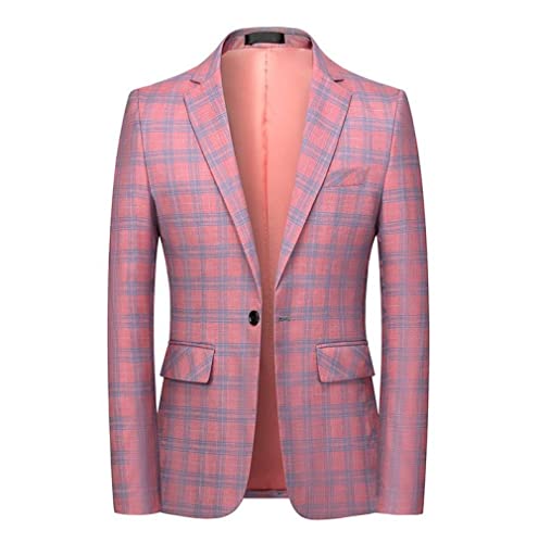 FWSHANGMAO Sakko Herren Sportlich,Herren Lässig Blazer 1 Knopf Anzug Karierte Jacke Stilvoll Kariert Blazer Mantel Rosa Regular Fit Blazer Geeignet für Party Date Abschlussball Hochzeit Smoking, M von FWSHANGMAO