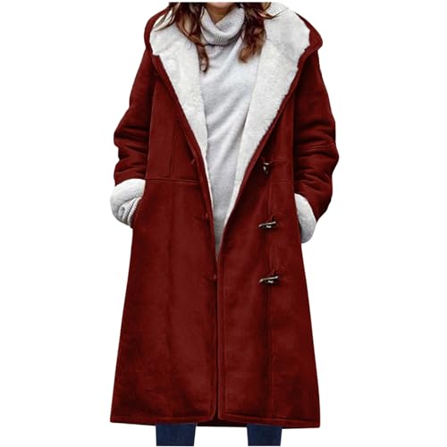 Damen Wintermäntel Warmer Lange Verdickte Plüschjacke Kapuzenmantel Damen Outdoorjacke Winterjacke Casual Wintermantel Damen Warm mit Kapuze Frauen Steppjacke Damen Leicht Steppmantel(A1-Rot,XL) von FWbfde
