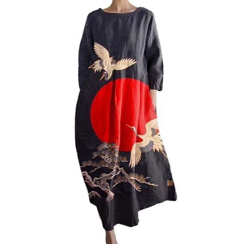 FWbfde Blumenkleid Damen Vintage Kunstkleid für Frauen Boho Blumendruck Freizeitkleid übergroßes Sommerkleid Weißes Leinenkleider Urlaubskleid Stillkleid Festlich(A7-Rot,XXL) von FWbfde