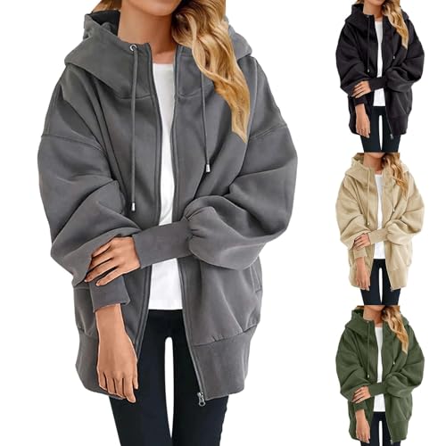 FWbfde Damen Kapuzenpullover Hoodie Sweatjacke 2024 Kapuzenjacke Winter Fleecejacke Sweatshirt Strickjacke Kapuzenpullover Mit Kapuze Reißverschluss Mantel Sweatjacke(Grey,5XL)(Grey,5XL) von FWbfde