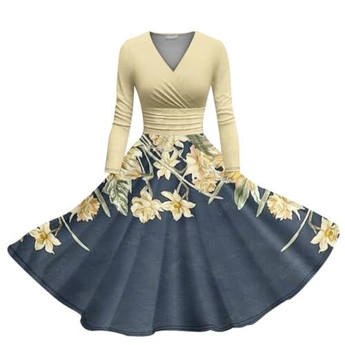 FWbfde Damen Rockabilly Kleider V-Ausschnitt Abendkleider 3/4 Arm Langarm Festlich Kleid Tie-dye Druck Retro Vintage Swing A-Linie Midikleid Lange Cocktailkleid 60er Blumenkleid von FWbfde