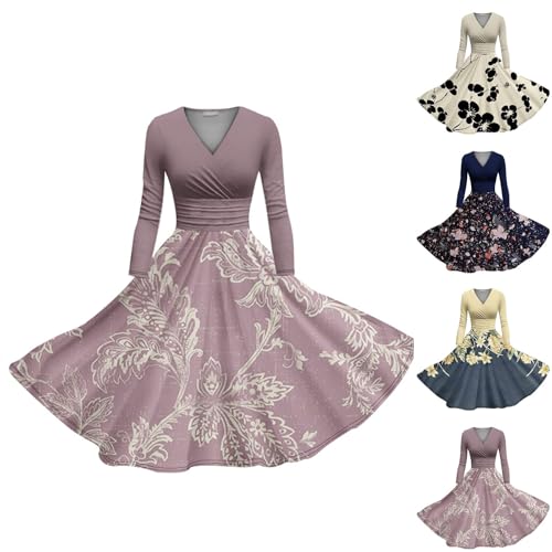 FWbfde Damen Rockabilly Kleider V-Ausschnitt Abendkleider 3/4 Arm Langarm Festlich Kleid Tie-dye Druck Retro Vintage Swing A-Linie Midikleid Lange Cocktailkleid 60er Blumenkleid von FWbfde