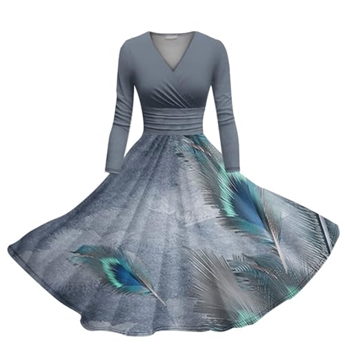 FWbfde Damen Rockabilly Kleider V-Ausschnitt Abendkleider 3/4 Arm Langarm Festlich Kleid Tie-dye Druck Retro Vintage Swing A-Linie Midikleid Lange Cocktailkleid 60er Blumenkleid von FWbfde