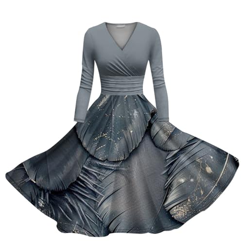FWbfde Damen Rockabilly Kleider V-Ausschnitt Abendkleider 3/4 Arm Langarm Festlich Kleid Tie-dye Druck Retro Vintage Swing A-Linie Midikleid Lange Cocktailkleid 60er Blumenkleid von FWbfde