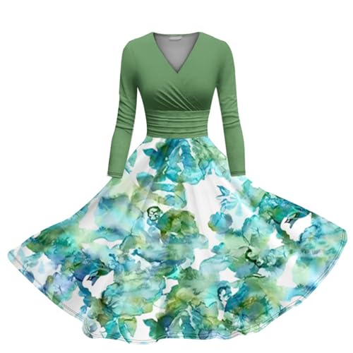 FWbfde Damen Rockabilly Kleider V-Ausschnitt Abendkleider 3/4 Arm Langarm Festlich Kleid Tie-dye Druck Retro Vintage Swing A-Linie Midikleid Lange Cocktailkleid 60er Blumenkleid von FWbfde