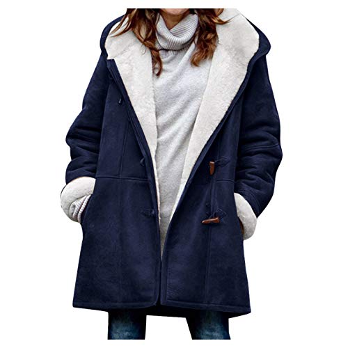 FWbfde Fleecejacke Damen mit Kapuze Winterjacke Damen Warm Wintermantel Lose Winterparka Winter Cardigan Einfarbig Kapuzenpullover Kapuzenjacke Damen mit Kapuze Seitentaschen Outwear(A2-Marine,4XL) von FWbfde