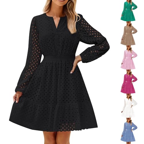 FWbfde Freizeitkleid Damen 2024 Langarm V-Ausschnitt Ösen Stickerei Rüschen A Linie Einfarbig Swing Kurze Midi Kleider Knielang Strandkleid Taillenkleid Hohles Kleid mit Falten(Schwarz,L) von FWbfde