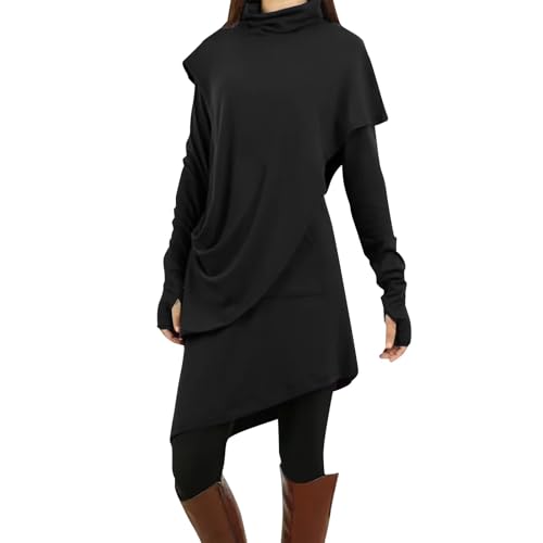 FWbfde Freizeitkleid Damen Sommerkleid Damen Knielang Unregelmäßiger Saum Frühling Schlanke Langarm Fledermaus-Ärmel Urlaubskleid Einfarbig Schleifen Midikleid(A2-Schwarz,M) von FWbfde