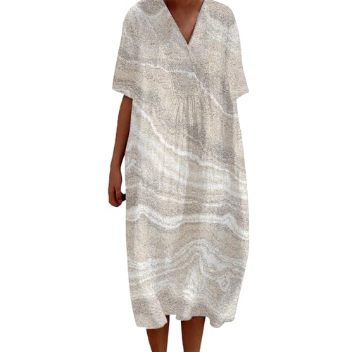 FWbfde Freizeitkleid Damen Vintage Blumen Kunstdruck Lässiges Fließendes Kleid Umstandskleid Festlich Blumenkleid Lässig Locker Große Größe Sommerkleid Damen Leicht und Luftig(A2-Beige,3XL) von FWbfde