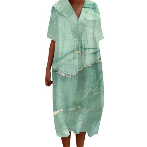 FWbfde Freizeitkleid Damen Vintage Blumen Kunstdruck Lässiges Fließendes Kleid Umstandskleid Festlich Blumenkleid Lässig Locker Große Größe Sommerkleid Damen Leicht und Luftig(A2-Minzgrün,4XL) von FWbfde