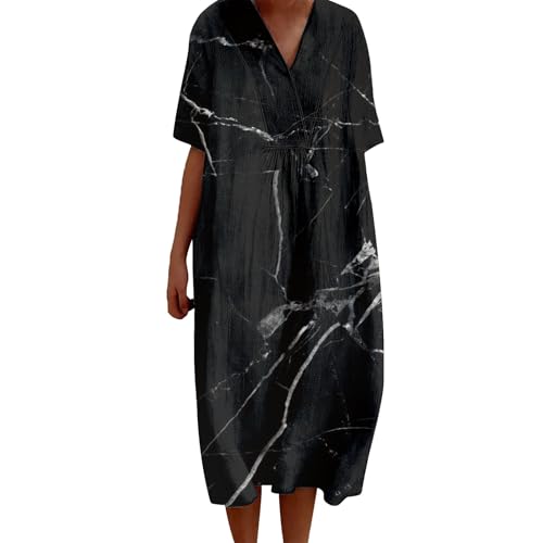 FWbfde Freizeitkleid Damen Vintage Blumen Kunstdruck Lässiges Fließendes Kleid Umstandskleid Festlich Blumenkleid Lässig Locker Große Größe Sommerkleid Damen Leicht und Luftig(A2-Schwarz,5XL) von FWbfde