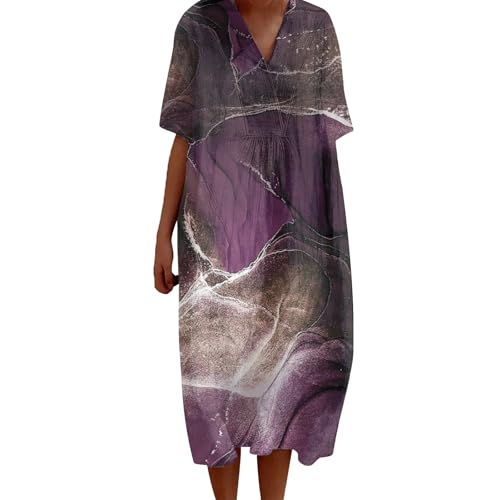 FWbfde Freizeitkleid Damen Vintage Blumen Kunstdruck Lässiges Fließendes Kleid Umstandskleid Festlich Blumenkleid Lässig Locker Große Größe Sommerkleid Damen Leicht und Luftig(A4-Lila,3XL) von FWbfde