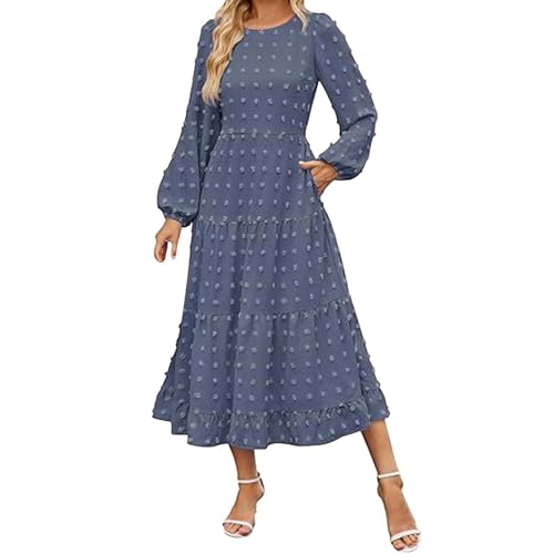 FWbfde Maxikleid Damen Lange Jacquard Stricken Kleider Tupfen Langarm Kleid Frühling Sommerkleider Strandkleid Taillenkleid Abendkleid Swing Schwingen Kleid mit Taschen(Blau,M) von FWbfde