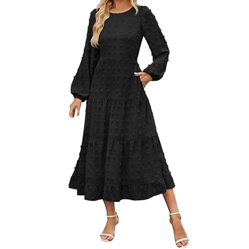FWbfde Maxikleid Damen Lange Jacquard Stricken Kleider Tupfen Langarm Kleid Frühling Sommerkleider Strandkleid Taillenkleid Abendkleid Swing Schwingen Kleid mit Taschen(Schwarz,L) von FWbfde