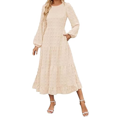 FWbfde Maxikleid Damen Lange Jacquard Stricken Kleider Tupfen Langarm Kleid Schlanke Urlaubskleid Frühling Sommerkleider Strandkleid Taillenkleid Abendkleid Swing Schwingen Kleid mit Taschen(Beige,L) von FWbfde