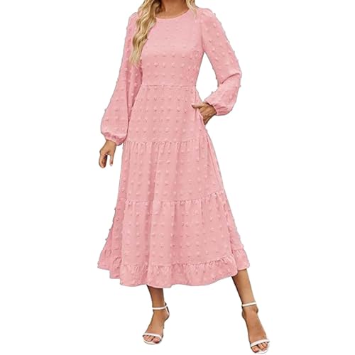 FWbfde Midikleid Damen Knielang Lange Jacquard Stricken Kleider Gesmoktes Langarm Kleid Rüschen Freizeitkleider Taillenkleid Sommerkleid Damen Leicht und Luftig(Rosa,S) von FWbfde
