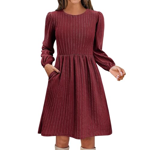 FWbfde Midikleid Damen Knielang Lange Jacquard Stricken Kleider Gesmoktes Langarm Kleid Rüschen Freizeitkleider Taillenkleid Sommerkleid Damen Leicht und Luftig(Rot,M) von FWbfde