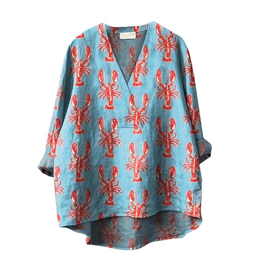 FWbfde Sweatshirt Damen Ohne Kapuze Lässiges V-Ausschnitt Tshirt Baumwolle und Leinen für Damen Retro Fisch Kunst Druck Sweatshirt Damen Oversized Tshirt Damen Langarm Streifen Pullover(Hellblau,M) von FWbfde