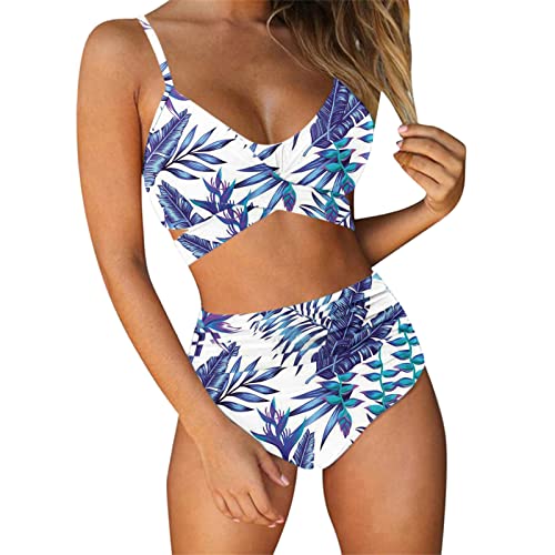 Floral Cross High Bathing Piece 2 Damen Criss Badeanzug Taille Bedruckt String Bademode Tankinis Set (Dunkelviolett, XXL) von FWfdhe