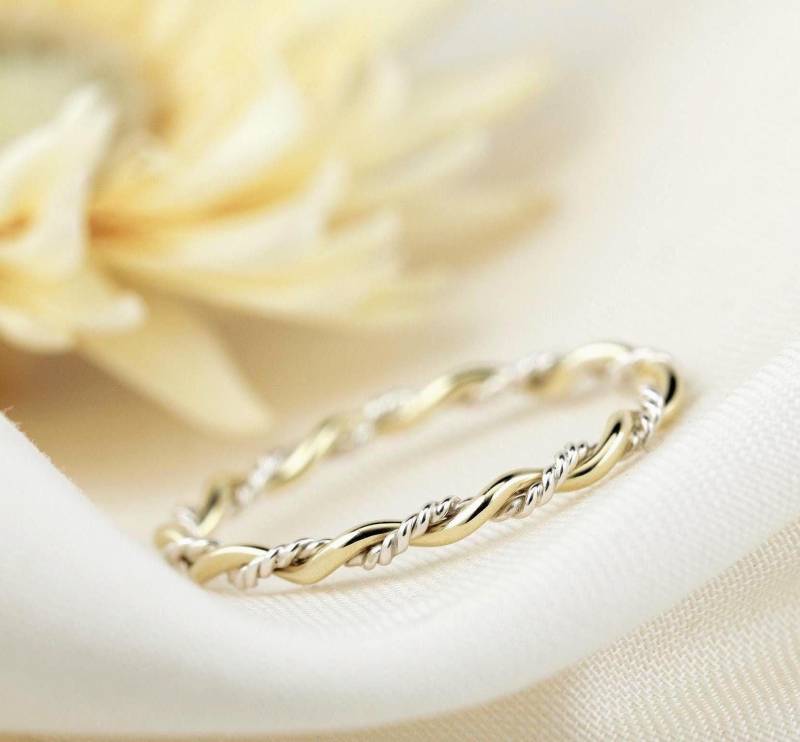 Kordelring "Phoenix" Silber 925 & Gold 585 Filigraner Verlobungsring Beisteckring Vorsteckring Stapelring 1.9 Mm Bicolor 14Kt von FXBilzGoldschmiede